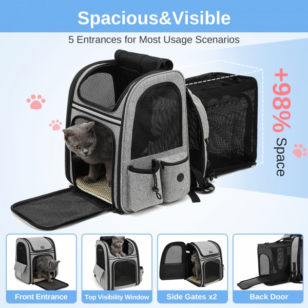 PTD2641 - Dogat Ausbaufähig Und Zusammenklappbar Haustier-Rucksacktrage mit Belüftete Mesh-Fenster Bequemes & sicheres Design - Grau