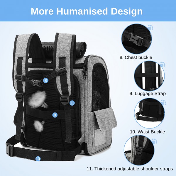 PTD2641 - Dogat Ausbaufähig Und Zusammenklappbar Haustier-Rucksacktrage mit Belüftete Mesh-Fenster Bequemes & sicheres Design - Grau