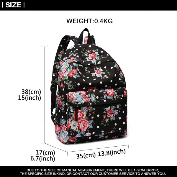 E1401F - Miss Lulu Large Backpack Flower Polka Dot - Black