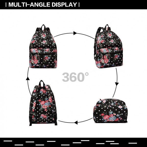 E1401F - Miss Lulu Mochila grande Flor Lunares - Negro