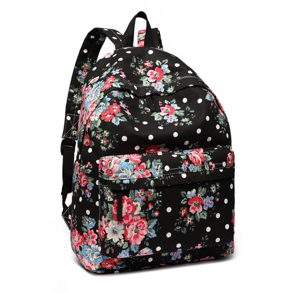 E1401F - Miss Lulu Mochila grande Flor Lunares - Negro