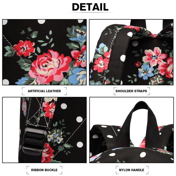 E1401F - Miss Lulu Grand sac à dos Fleur à pois - Noir