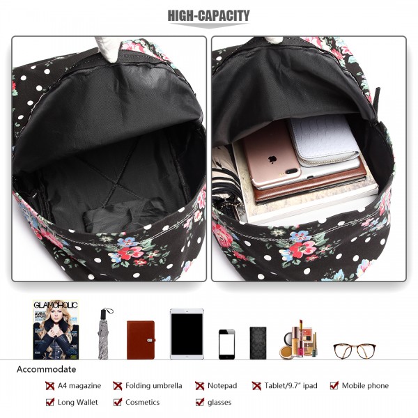 E1401F - Miss Lulu Large Backpack Flower Polka Dot - Black