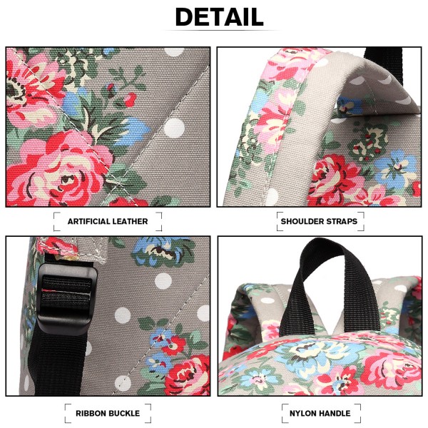 E1401F - Miss Lulu Large Backpack Flower Polka Dot - Grey