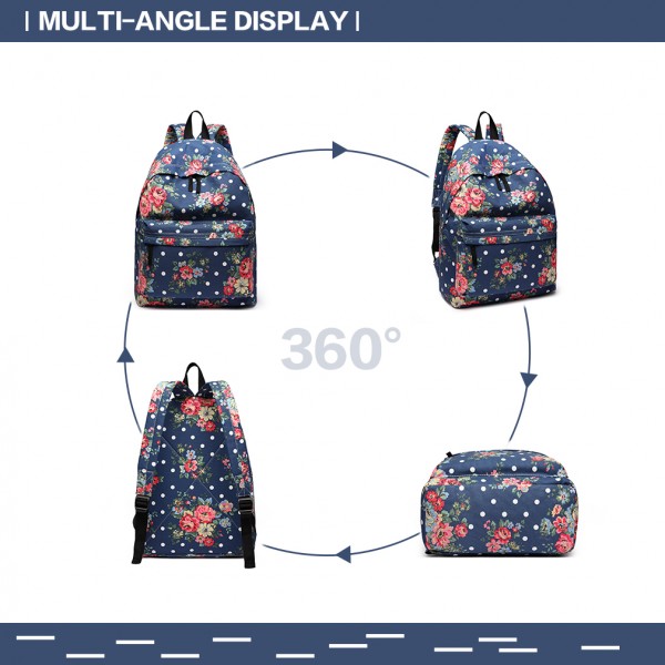 E1401F - Miss Lulu Large Backpack Flower Polka Dot - Navy 