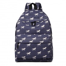 E1401H - Miss Lulu Horse-Print Cotton Canvas School Backpack - Navy