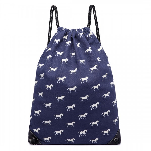E1406H - Miss Lulu Unisex Drawstring Backpack Horse Navy