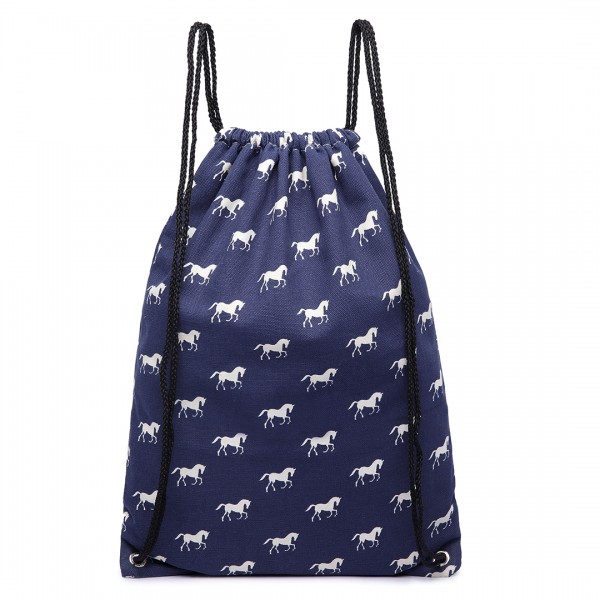 E1406H - Miss Lulu Unisex Drawstring Backpack Horse Navy