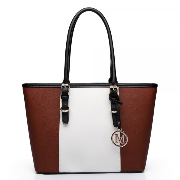 E1661-Miss Lulu Center Stripe Medium Tote Adjustable Handle Bags brown