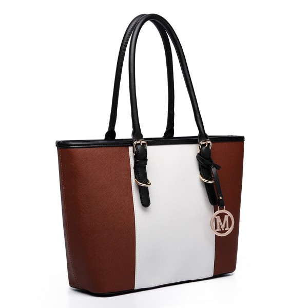 E1661-Miss Lulu Center Stripe Medium Tote Adjustable Handle Bags brown