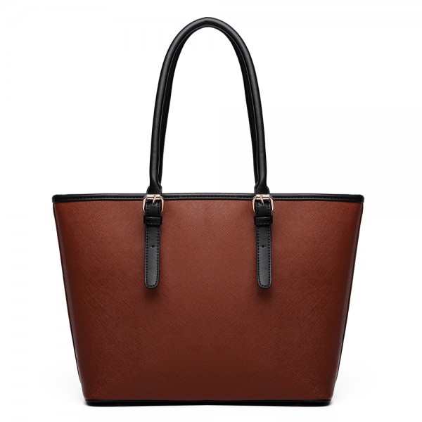 E1661-Miss Lulu Center Stripe Medium Tote Adjustable Handle Bags brown