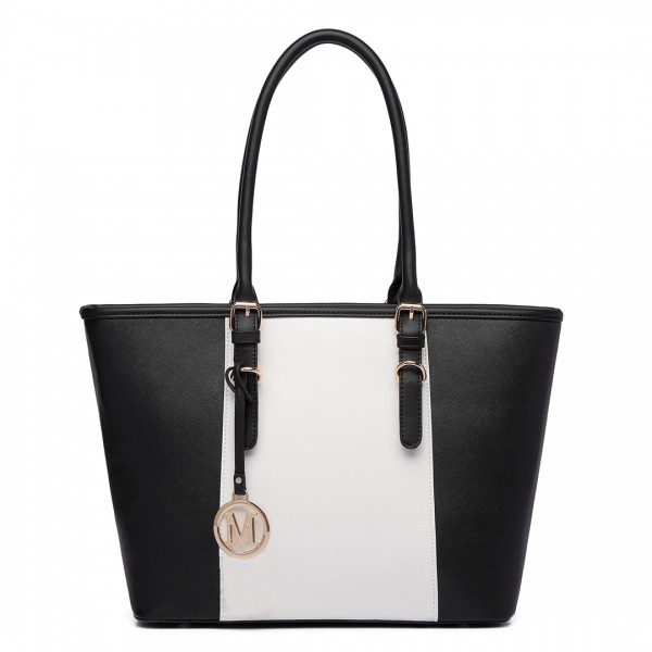 E1661-Miss Lulu Center Stripe Medium Tote Adjustable Handle Bags Black