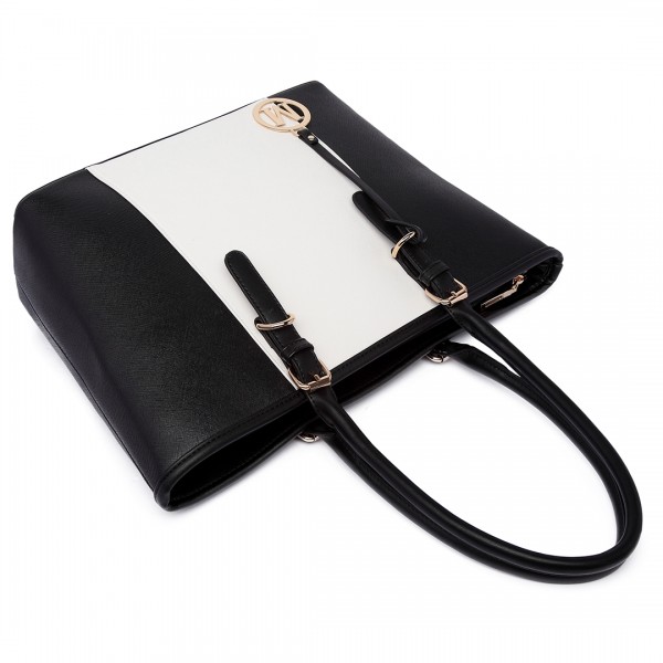 E1661-Miss Lulu Center Stripe Medium Tote Adjustable Handle Bags Black