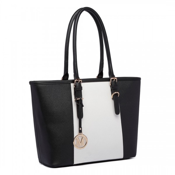 E1661-Miss Lulu Center Stripe Medium Tote Adjustable Handle Bags Black