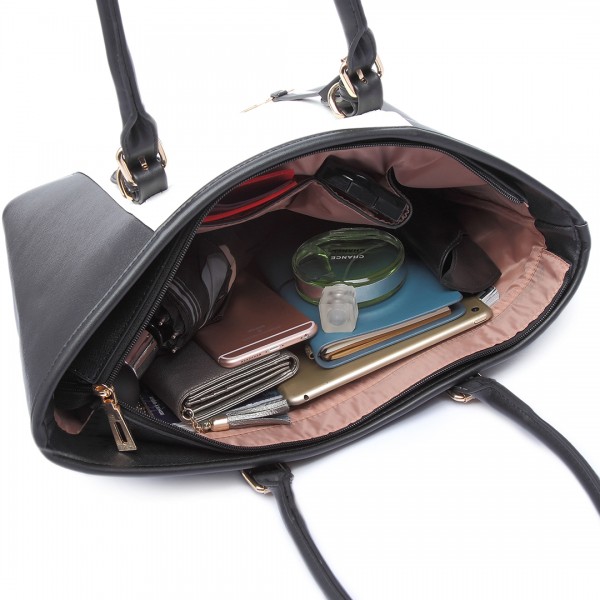 E1661-Miss Lulu Center Stripe Medium Tote Adjustable Handle Bags Black