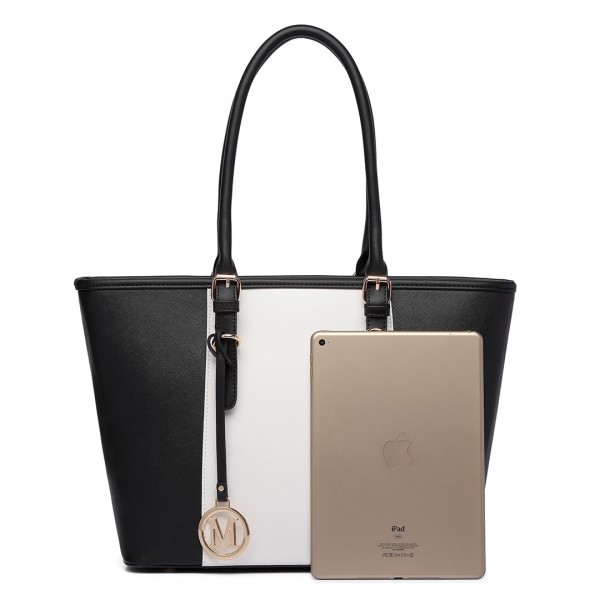 E1661-Miss Lulu Center Stripe Medium Tote Adjustable Handle Bags Black