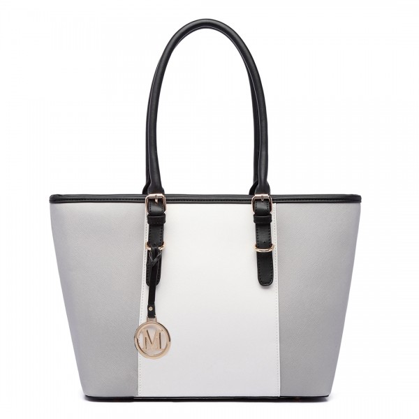 E1661-Miss Lulu Center Stripe Medium Tote Adjustable Handle Bags Grey