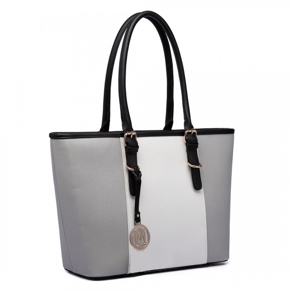 E1661-Miss Lulu Center Stripe Medium Tote Adjustable Handle Bags Grey