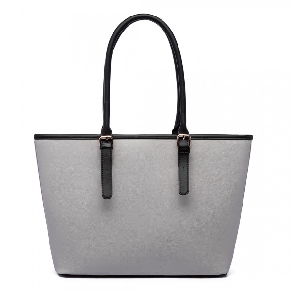 E1661-Miss Lulu Center Stripe Medium Tote Adjustable Handle Bags Grey