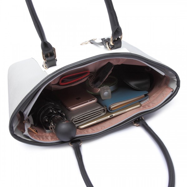 E1661-Miss Lulu Center Stripe Medium Tote Adjustable Handle Bags Grey