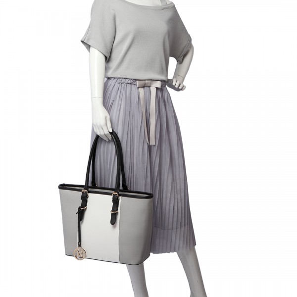 E1661-Miss Lulu Center Stripe Medium Tote Adjustable Handle Bags Grey