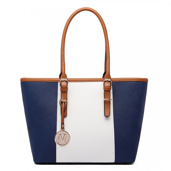 E1661-Miss Lulu Center Stripe Medium Tote Adjustable Handle Bags Navy