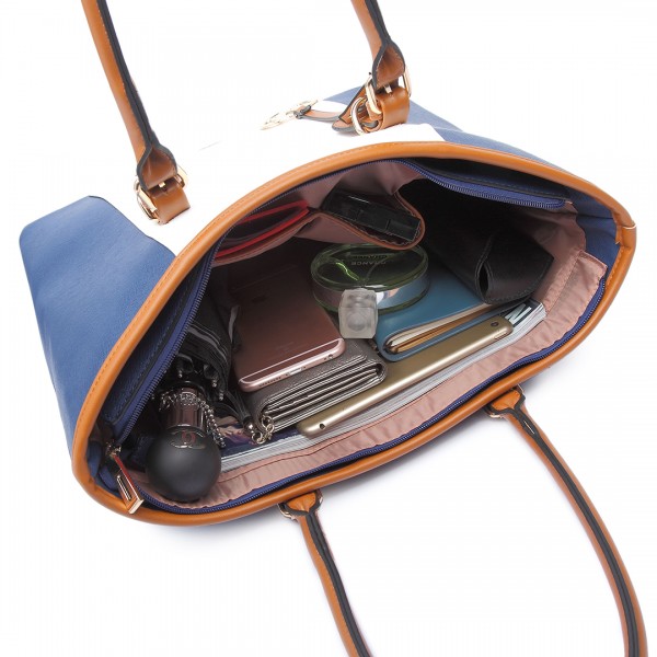 E1661-Miss Lulu Center Stripe Medium Tote Adjustable Handle Bags Navy