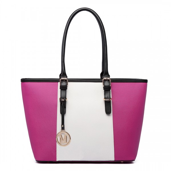 E1661-Miss Lulu Center Stripe Medium Tote Adjustable Handle Bags Plum