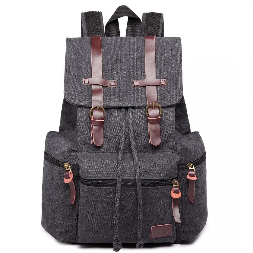 E1672 Kono Large Multi Function Leather Details Canvas Backpack Black