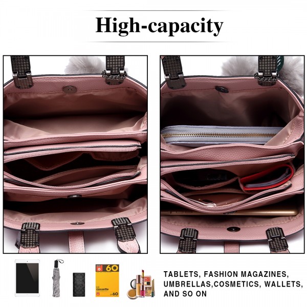 E1751 - Miss Lulu Leder-Look  Mehrere Fächer  Pom Pom  Umhängetasche  - Beige