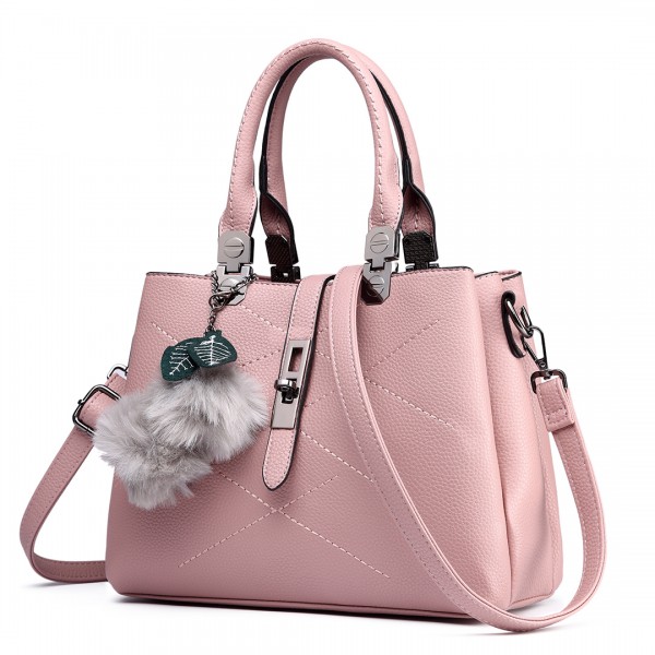 E1751 - Miss Lulu Leder-Look  Mehrere Fächer  Pom Pom  Umhängetasche  - Beige