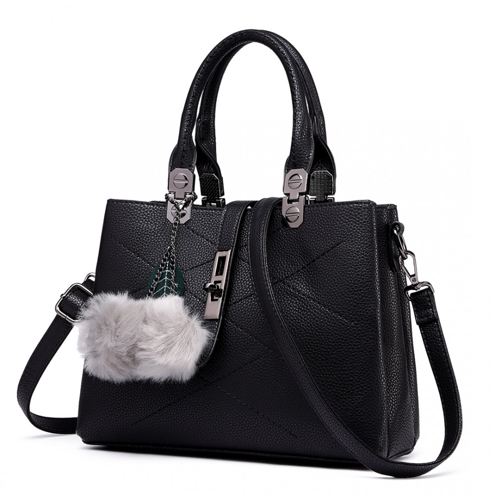 E1751 - Miss Lulu Leather Look Multi Compartment Pom Pom Shoulder Bag ...