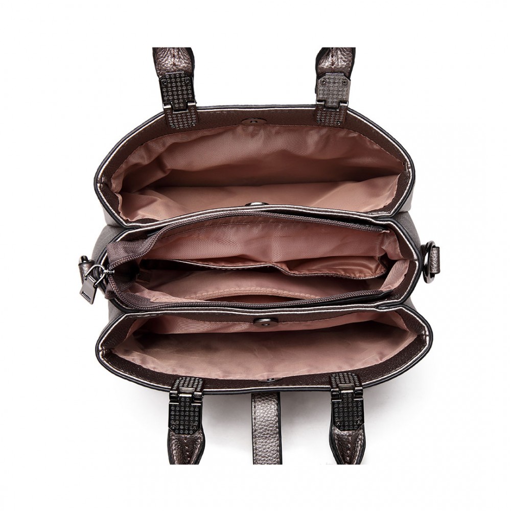 E1751 - Miss Lulu Leather Look Multi Compartment Pom Pom Shoulder Bag Silver
