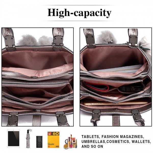 E1751 - Miss Lulu Leder-Look  Mehrere Fächer  Pom Pom  Umhängetasche - 