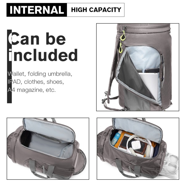 E1921-KONO SPORTTASCHE REISETASCHE MIT SCHUHFACH WATERPROOF RUCKSACK-FUNKTION FÜR DAMEN UND HERREN GRAU E1921-KONO SPORTTASCHE REISETASCHE MIT SCHUHFACH WATERPROOF RUCKSACK-FUNKTION FÜR DAMEN UND HERREN GRAU