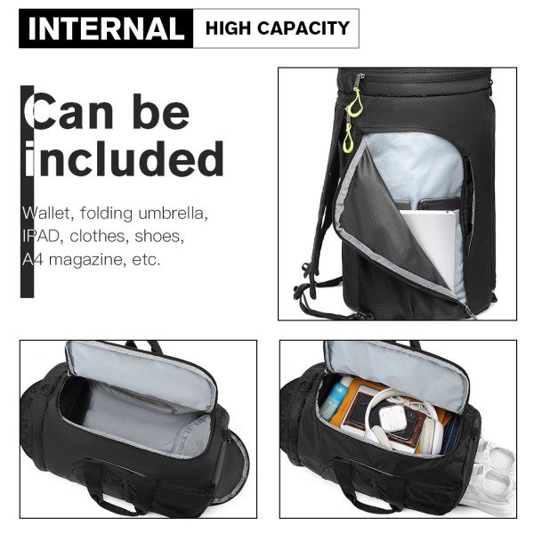 E1921-KONO SPORTTASCHE REISETASCHE MIT SCHUHFACH WATERPROOF RUCKSACK-FUNKTION FÜR DAMEN UND HERREN SCHWARZ E1921-KONO SPORTTASCHE REISETASCHE MIT SCHUHFACH WATERPROOF RUCKSACK-FUNKTION FÜR DAMEN UND HERREN SCHWARZ