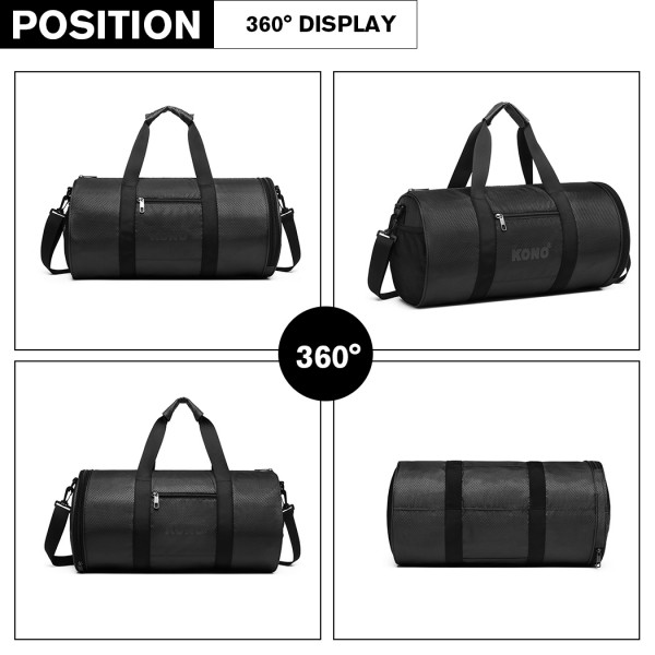 E1956 - Kono Polyester Barrel Duffle Gym/Sports Bag - Black