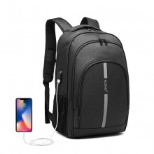 E1972 - Kono Large Backpack with Reflective Stripe and USB Charging Interface - Black