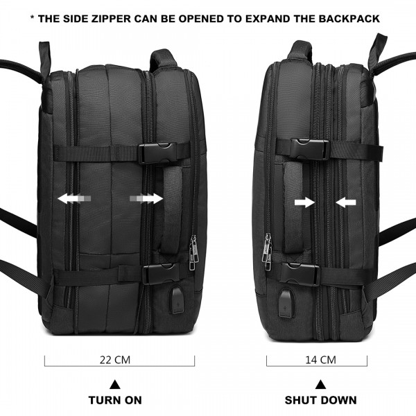 E2014 - Kono Water Resistant Expandable Travel Backpack - Black