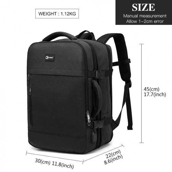 E2014 - Kono Water Resistant Expandable Travel Backpack - Black