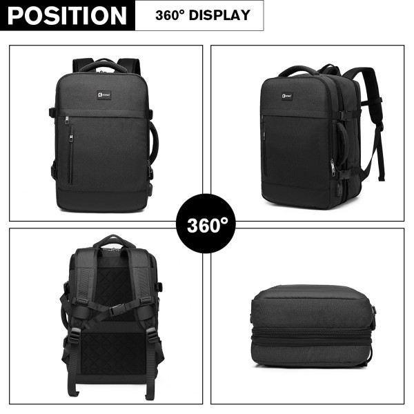 E2014 - Kono Water Resistant Expandable Travel Backpack - Black