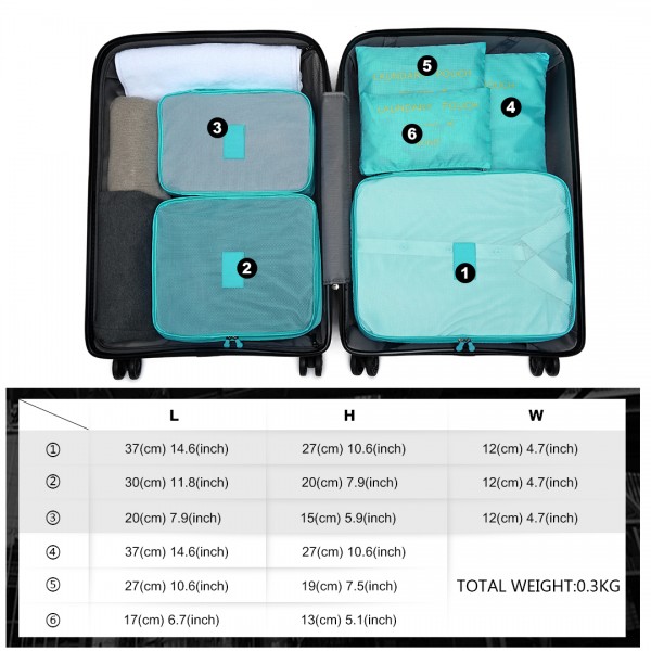 E2015 - Kono 6 Piece Polyester Travel Luggage Organiser Bag Set - Blue