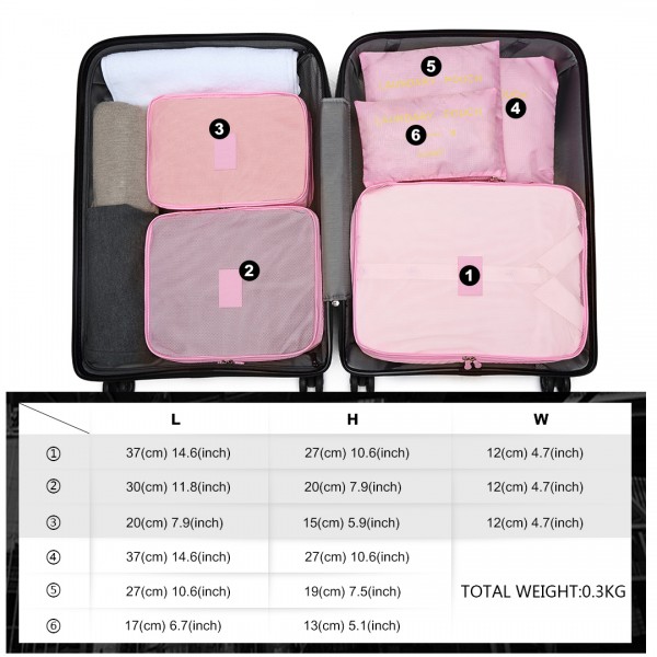 E2015 - Kono 6 Piece Polyester Travel Luggage Organiser Bag Set - Pink