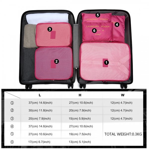 E2015 - Kono 6 Piece Polyester Travel Luggage Organiser Bag Set - Plum
