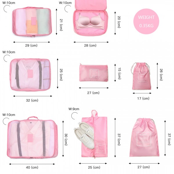E2019 - Kono 8 Piece Polyester Travel Luggage Organiser Bag Set - Pink