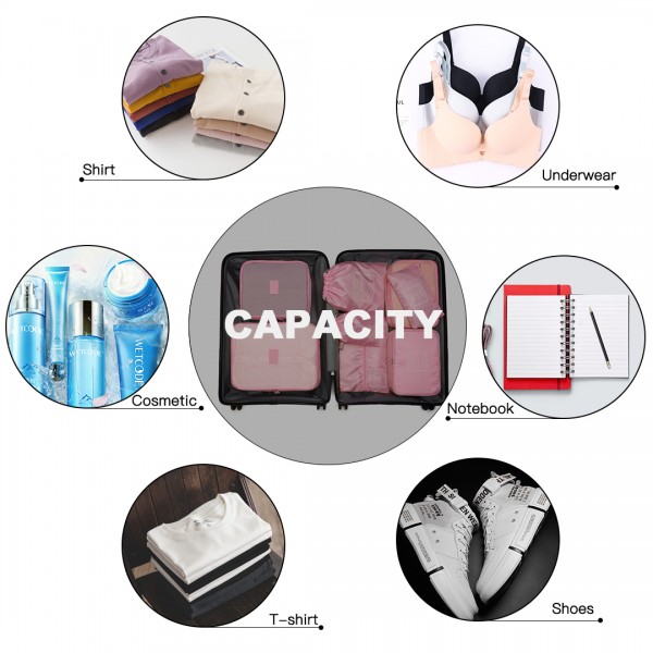 E2019 - Kono 8 Piece Polyester Travel Luggage Organiser Bag Set - Pink
