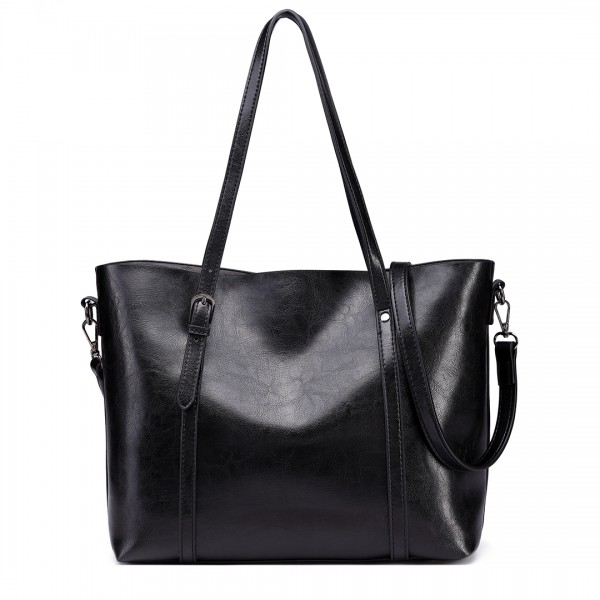 E6709 - Miss Lulu Trendy Womens Tote Bags Wax Leather - Black E6709 - Miss Lulu Trendy Womens Tote Bags Wax Leather - Black
