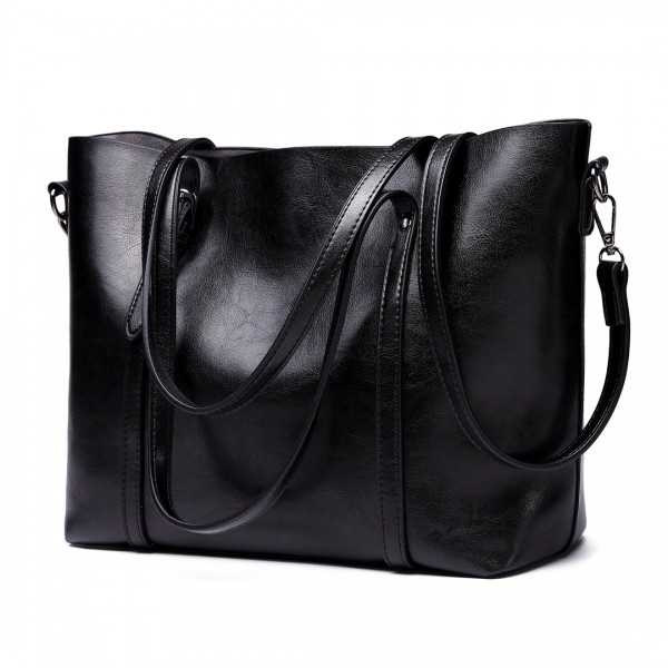 E6709 - Miss Lulu Trendy Womens Tote Bags Wax Leather - Black E6709 - Miss Lulu Trendy Womens Tote Bags Wax Leather - Black