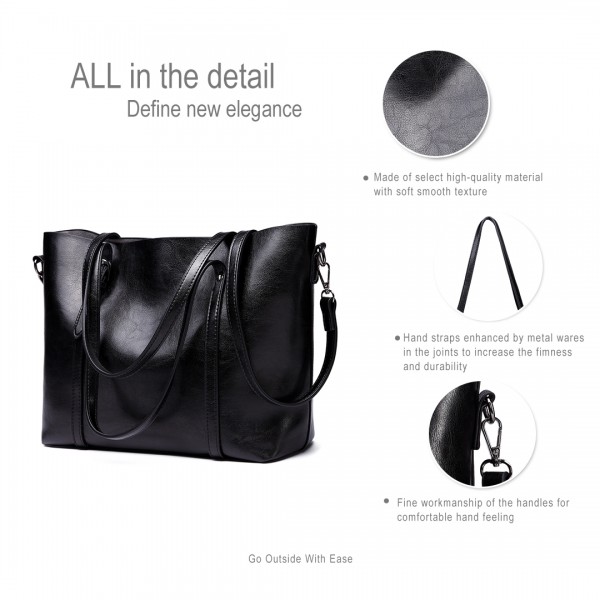 E6709 - Miss Lulu Trendy Womens Tote Bags Wax Leather - Black E6709 - Miss Lulu Trendy Womens Tote Bags Wax Leather - Black