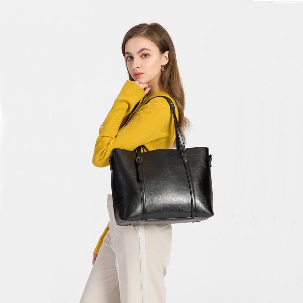 E6709 - Miss Lulu Trendy Womens Tote Bags Wax Leather - Black